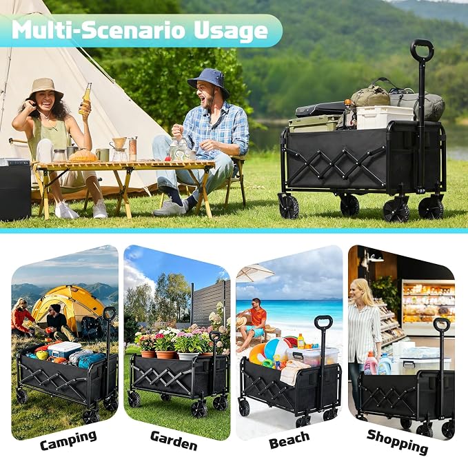 Collapsible Wagon Cart with Wheels Foldable - Lightweight 280LBS Heavy Duty Folding Utility Portable Beach Wagon with All-Terrain Wheels for Groceries Shopping Garden Sports Camping