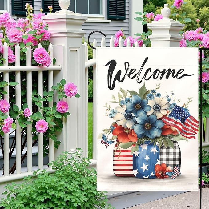 Patriotic Fourth of July Garden Flag Welcome Red White and Blue Mason Jar Flowers Yard Flags American Flag Floral Farmhouse Outdoor for Independence Day Memorial Day Veterans Day 12x18 Inch