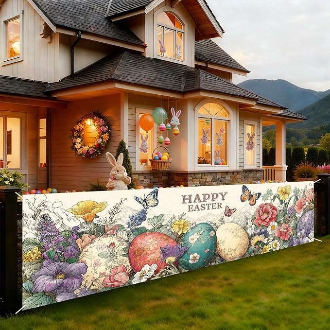 Happy Easter Fence Banner 118 x 35 Inch, Large Waterproof Outdoor Easter Eggs Banner with Flowers & Butterflies for Yard Porch Fence Spring Decorations
