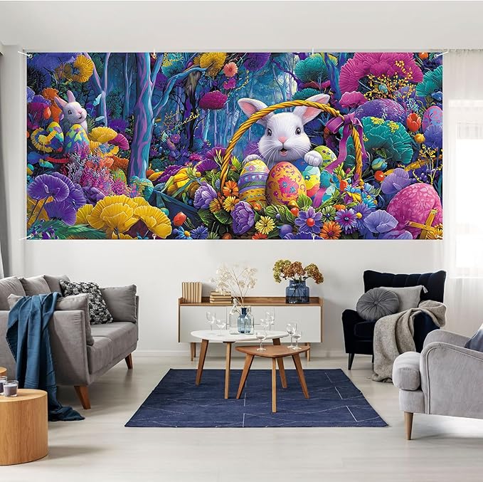 6 * 13FT Easter Bunny Garage Door Cover Decorations Easter Garage Door Banner for Outdoor Indoor Easter Party Photography Backdrop
