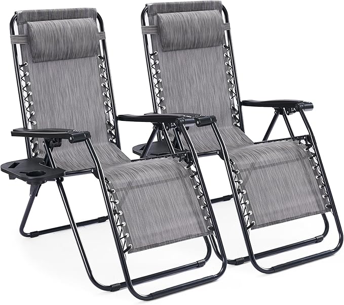 NEWBULIG Zero Gravity Chair Set of 2, Lounge Chair Folding Portable Adjustable Camping Reclining Chairs with Adjustable Pollow, Mesh Back, Cup Holder Trays Lawn Patio Chair for Pool Beach - Grey
