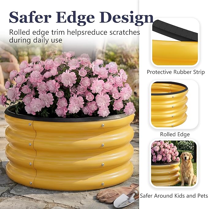 2 x 2 x 1 ft Round Raised Garden Bed, Yellow 1 Pack 0.6 mm Thick Galvanized Steel Planter Box with Double Layer Paint and Safety Edge Trim for Vegetables Flowers Herbs Outdoor Garden