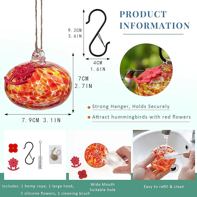 QFkris Blown Glass Hummingbird Feeder for Outdoors Hanging, Small Hummingbird Feeder with Flower Feeding Ports for Outside Garden Backyard Decor, Gifts for Women Mom(Orange)