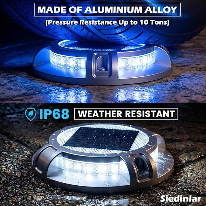 SIEDiNLAR Solar Driveway Lights Outdoor 4 Modes 40 LEDs Deck Driveway Markers Marine Dock Light Waterproof for Ground Walkway Pathway Step Garden Yard, Blue/White Dynamic Lighting (12 Pack)