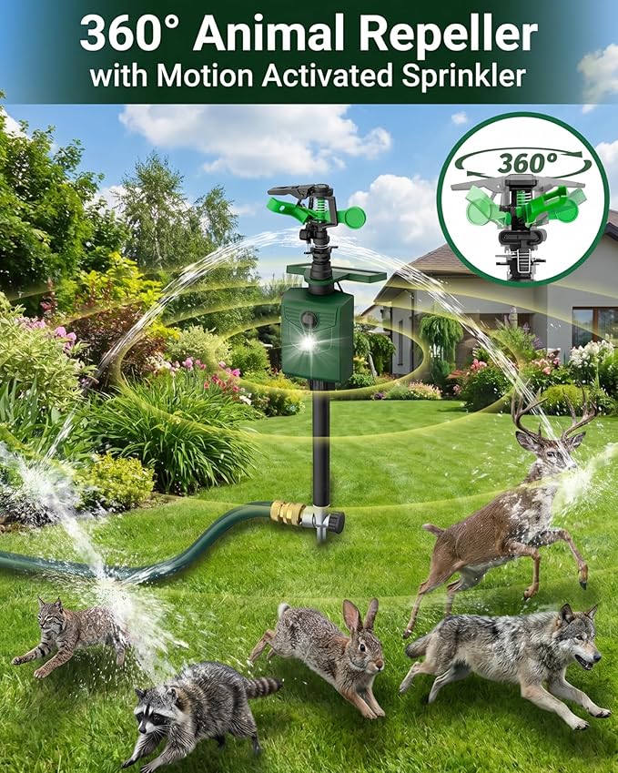 Motion-Activated Sprinkler, Solar Animal Repellent Outdoor - 1 Packs Deer Cat Deterrent with Motion Sensor & Flashing Lights, Protects Yard & Garden from Deer, Cats, Raccoons