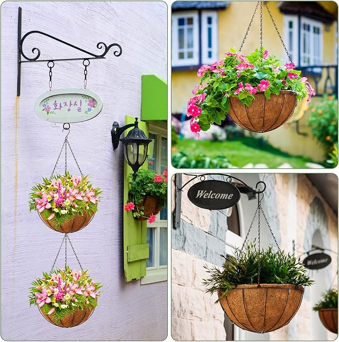 Rtteri 8 Pcs 12 Inch Hanging Baskets for Plants Outdoor with Metal Wire Frame and Coconut Coir Liners, Round Wire Hanging Baskets with Chain for Patio Garden Porch Decoration