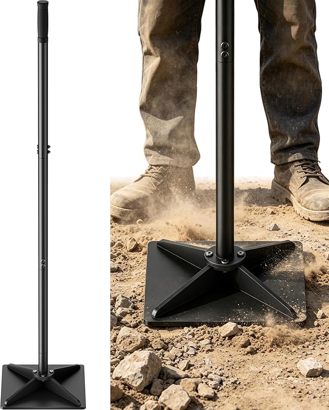 Heavy Duty Steel Hand Tamper, 8"x8" Soil Plate Compactor with 44" Adjustable Handle & Rubber Grip, Anti-Loose Ladscaping Tools for Ground, Gravel, Dirt, Sand, Asphalt, Pavers, Blacktop, Black