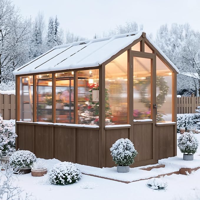 6x8 FT Greenhouse - Large Wooden Greenhouses for Outdoors, Heavy Duty Spruce Frame Greenhouse with PC Panels, Adjustable Roof Vents & Lockable Door, Walk-in Green Houses for Garden, Backyard, Patio