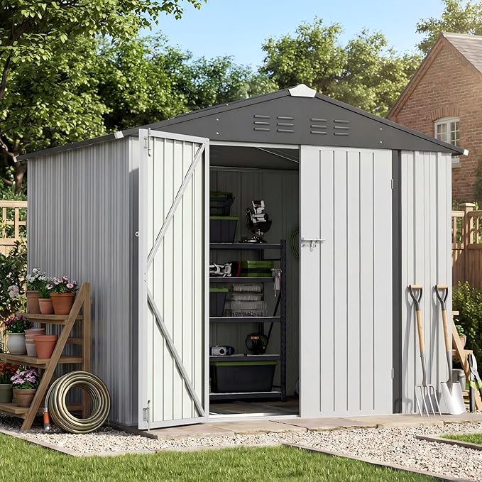 Patiowell 8x6 FT Outdoor Storage Shed with Floor Frame, Metal Garden Patio Sheds with Sloping Roof and Lockable Door, Waterproof Steel Tool Shed for Backyard Garden Lawn, White