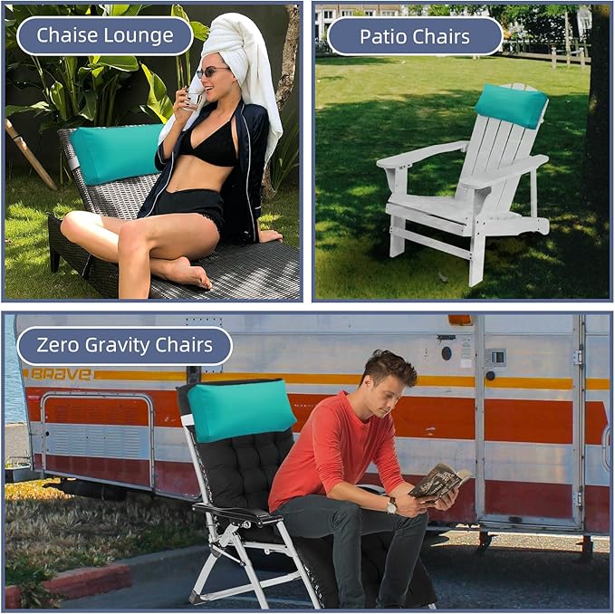 Chaise Lounge Head Pillow, 2 Pack Outdoor Patio Pillows with Adjustable Strap, Lounge Head Resting Pillow for Recliner Beach Pool Lounger Office Chair(Turquoise,Water Resistant)