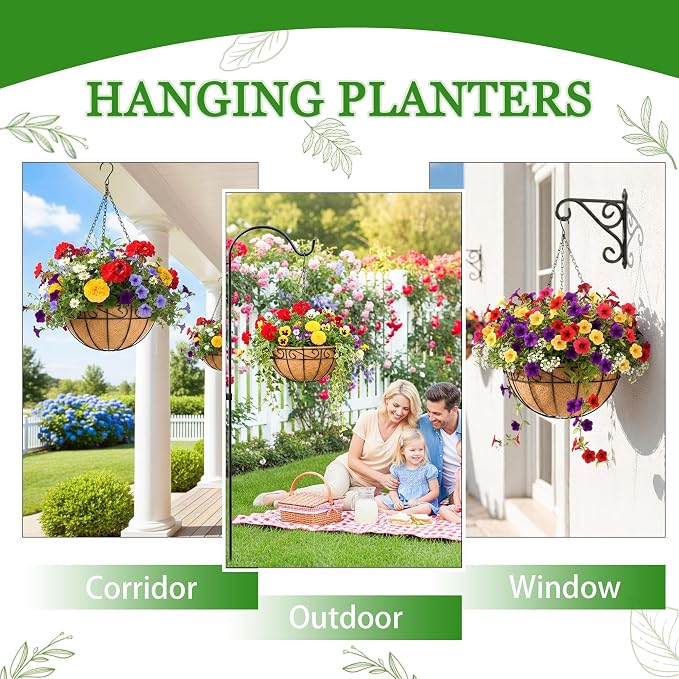 Hanging Planters for Outdoor Plants 4 Pack 12 inch Metal Hanging Flower Basket with Coco Coir Liner Wire Plant Holder Watering Flower Baskets Pot Hanger Garden Decoration for Indoor Outdoor(HBL)