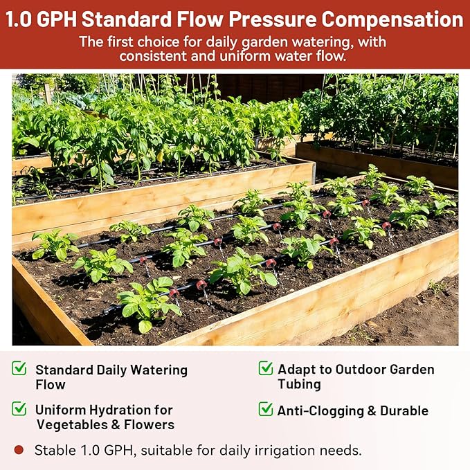 50 PCS 1 GPH Pressure Compensating Drip Irrigation Spot Watering Dripper, Standard Flow Drip Irrigation Emitters Heads for Vegetables Flowers Irrigation Drippers Parts for Outdoor Garden Beds Balcony