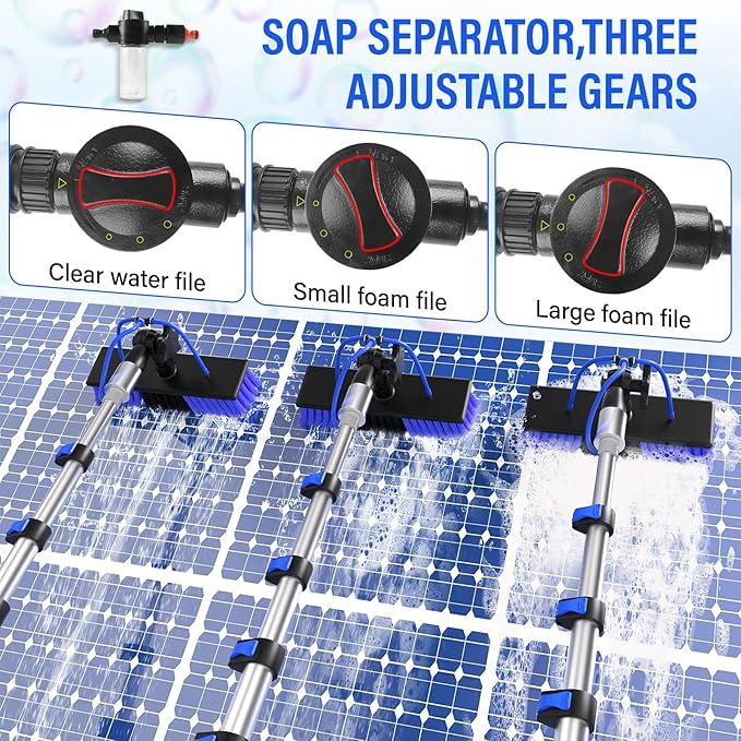 Water Fed Pole Kit,Solar Panel Cleaning Brush and 20Ft Extension Pole,Window Cleaning Pole Kit for High Windows Cleaning,Cleaner Tool with 2 in 1 Window Squeegee and Cobweb Duster