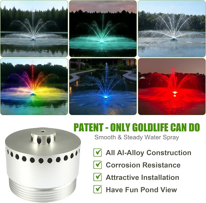 Goldlife Pond Fountain Aerator Nozzle - 1 x N2 Nozzle, Al-Alloy Silver, 36ft Wide 16ft High three-Layer Water Spray Sprinkler Head, Replacement Fountain Aerator Pump Nozzle for Garden Pond Lake