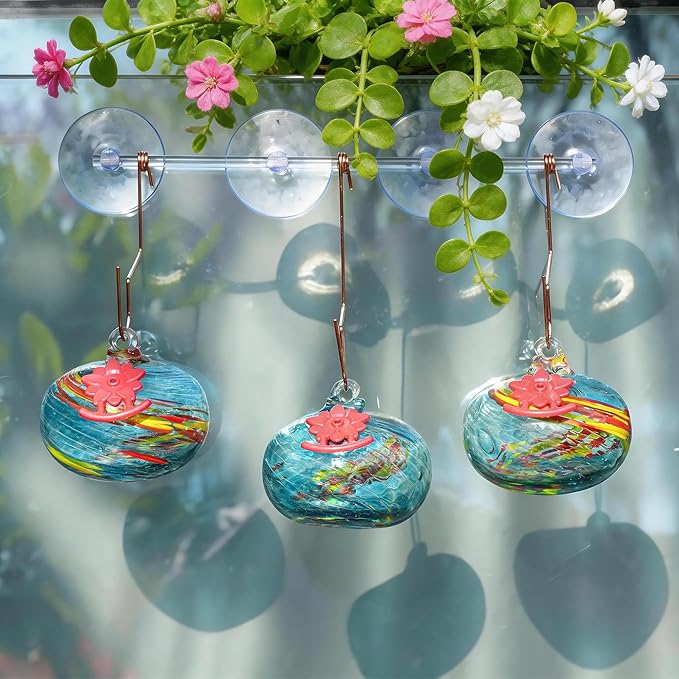 QFkris Set of 3 Blown Glass Hummingbird Feeder with Suction Cups for Window, Small Hummingbird Feeder with Flower Feeding Ports for Outside Garden Backyard Decor, Gifts for Women Mom(Blue)
