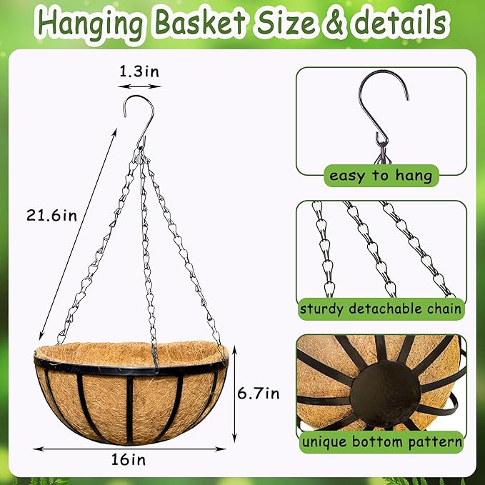 4pcs 16 inch Metal Hanging Baskets Round Wire Plant Stand with Coco Lining Cushion Decorative Planter Hanger Garden Indoor Outdoor Watering Hanging Basket （BT）