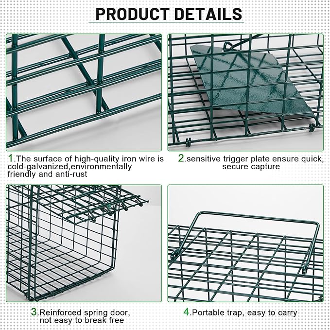 Qualirey 2 Pcs Humane Squirrel Trap Heavy Duty Live Animal Chipmunk Catch and Release Rat Trap for Outdoor Small Animals Mouse Raccoon Stray Cat Rodent Weasels(Green)