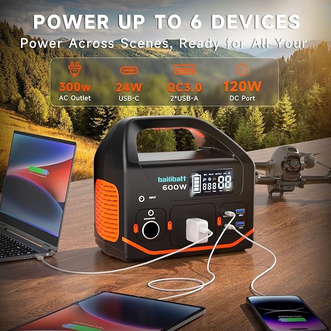 BailiBatt 300W Portable Power Station, 266Wh Solar Generator with 7 Outputs & Dual USB-C PD (24W+18W), 110V Pure Sine Wave AC, 6.5lb Lightweight Battery Backup for Camping, CPAP RV Home Blackout