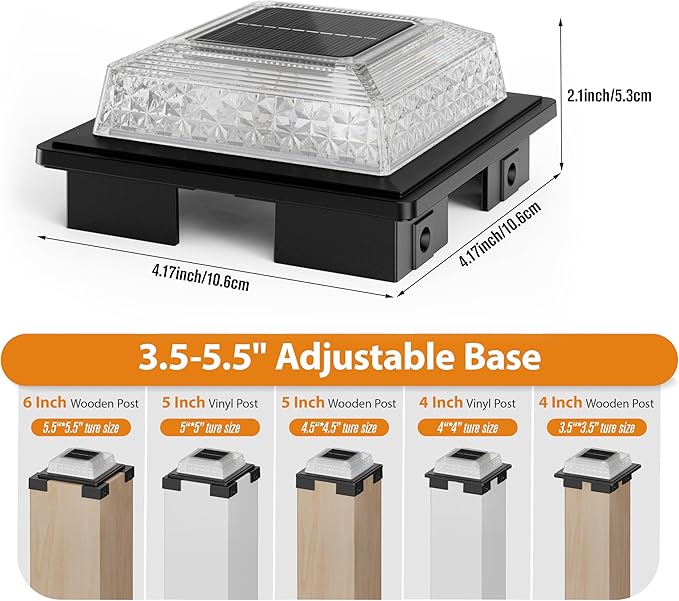 APONUO Solar Post Cap Lights, 3 Color Modes & 2 Brightness, Adjustable Base Fits 4x4 5x5 6x6 Posts (3.5-5.5 Inch), IP65 Waterproof, Deck & Fence Post Lights Solar Powered with Screws, Black, 6 Pack