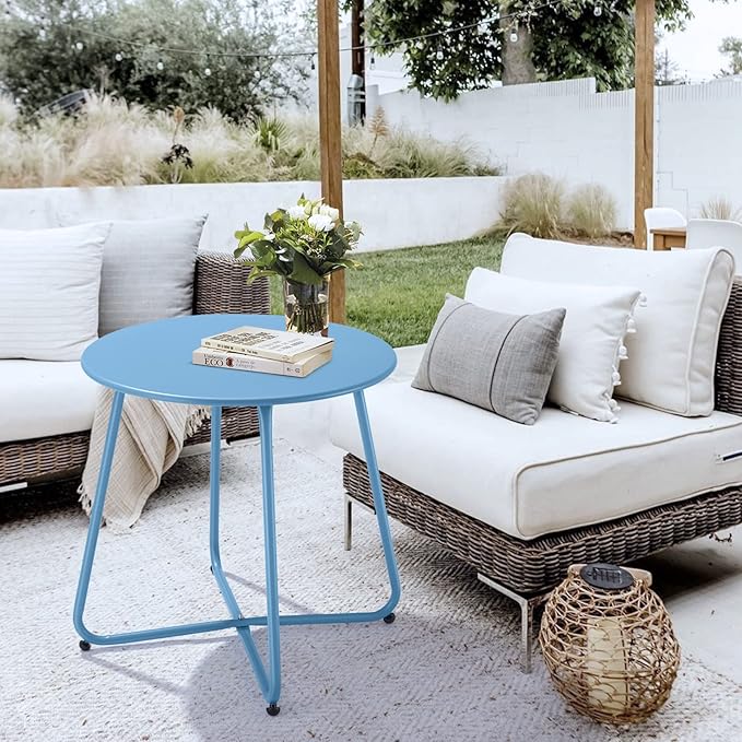 Meluvici Patio Outdoor Side Table Waterproof Round Metal Steel Small Side Table Weather Resistant Portable Outdoor and Indoor End Table for Garden Balcony Yard, Blue