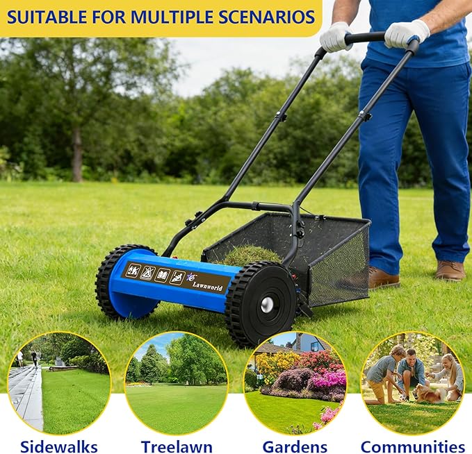 18-Inch Reel Lawn Mower with Grass Catcher and Tool-Free Blade Adjustment, 5-Blade Manual Push Lawn Mower, 5-Position Height Adjustable