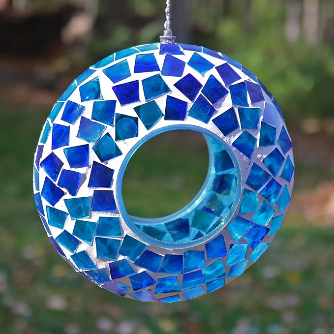 Sunnydaze 6-Inch Glass Mosaic Hanging Bird Feeder for Outdoors - Fly-Through Glass Bird Feeder for Cardinals, Jays, Finches and More - Blue Mosaic