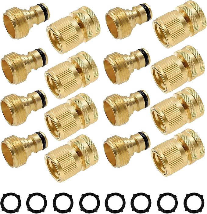 Hourleey Garden Hose Quick Connector, Solid Brass 3/4 Inch GHT Thread Garden Quick Connect Kit, Male and Female No-Leak Water Hose Fittings (8 Set)