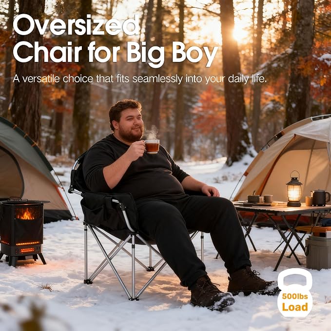 SunSettler Oversized Heated Camping Chair, Outdoor Camp Chairs with 3 Heat Levels, Portable Folding Padded Chair for Camp, Lawn, Sports (Black, Oversized)