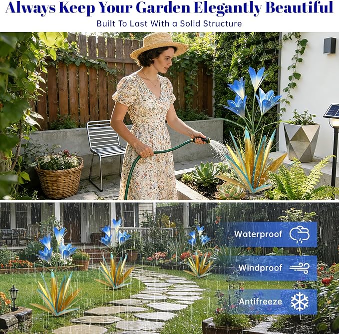 TOMBABY 32.28 Inch Metal Agave Plant Outdoor Decoration Lily Mexican Yard Art Garden Gift Home Decor Hand Painted Metal Agave Garden Yard Statue (2pc, Blue)