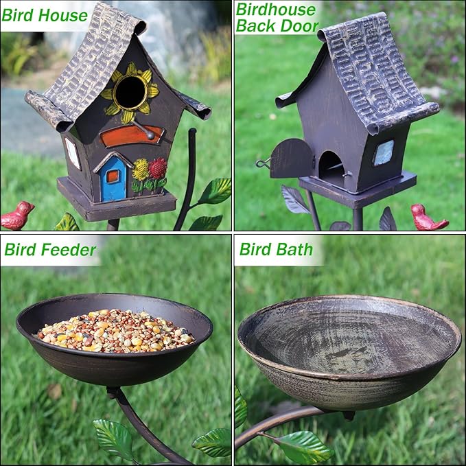 Metal Bird Houses for Outside, Bird Feeder and Bird Bath,3-in-1,Freestanding with Cast Iron Base, Outdoor Garden & Courtyard Decoration
