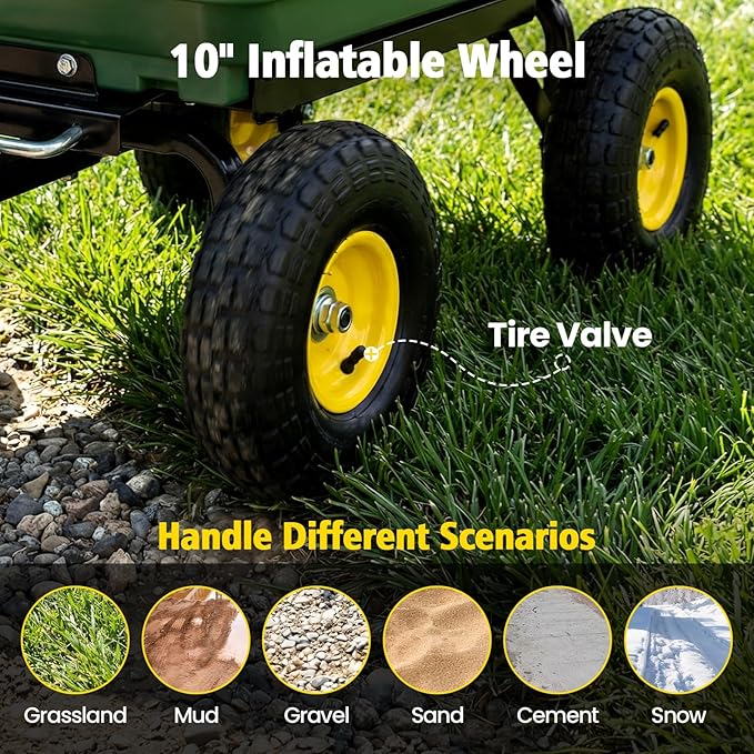 Heavy Duty Garden Dump Cart - 600lbs Load Capacity, 10" All-Terrain Wheels, Quick-Release System, Durable Poly Bed, 180° Rotating Handle, Yard Cart for Landscaping, Farm, and Outdoor Work