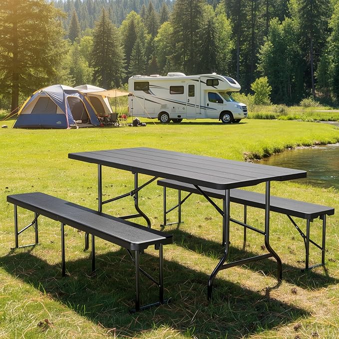 Bonnlo Black Folding Picnic Table Set with 2 Benches, 6 Feet Camping Table Chair Set, Modern Portable 3-Piece Furniture for Indoor/Outdoor Use, White Folding Picnic Table with Smooth Tabletop