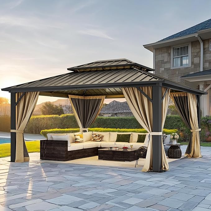 YITAHOME 10X12FT Hard Top Metal Gazebo Patios Double Roof Canopy Aluminum Frame Garden Gzebo Tent Curtains Netting for Patios Backyards Decks Lawns Brown