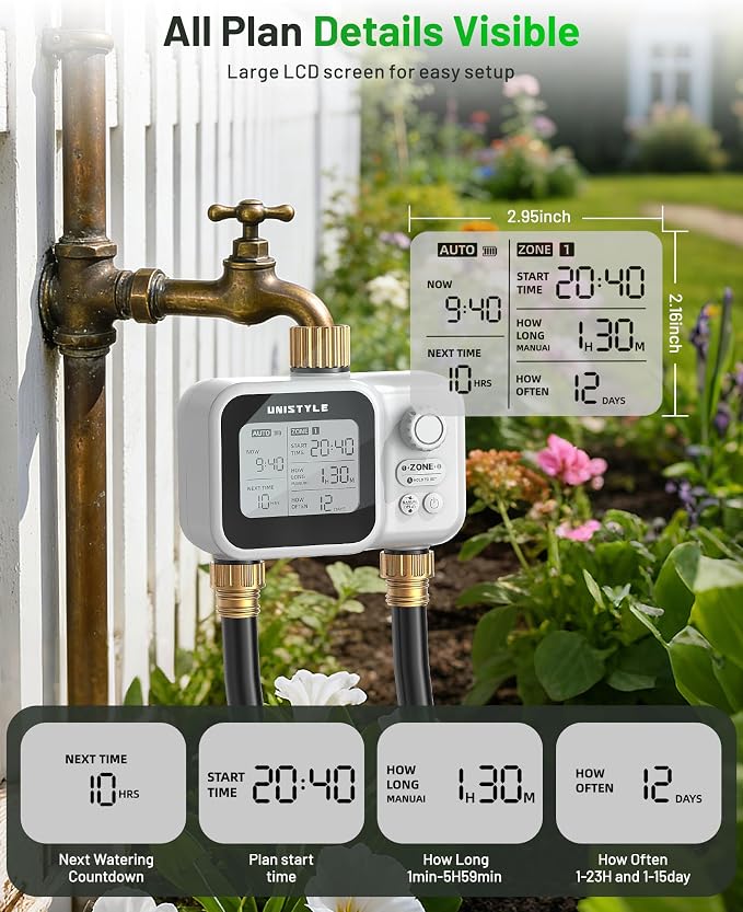 [All-New 2027] 2 Zone Ball Valve Sprinkler Timer Brass Inlet, Low-Pressure Starts at Zero Pressure, Unistyle Water Timer for Garden Hose, Rain Delay, Manual Control, Automatic Irrigation Hose Timers