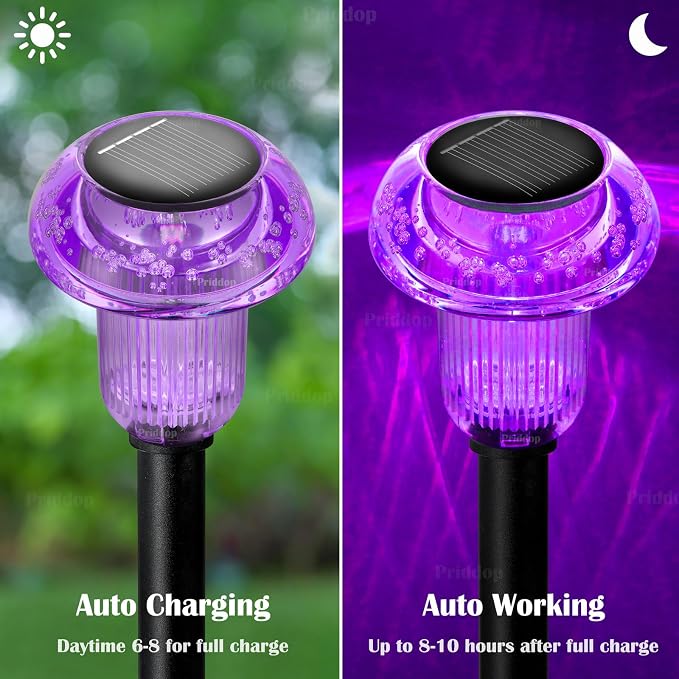 Priddop Solar Halloween Lights Outdoor Waterproof 8Pack Purple LED Mushroom | Yard Pathway Garden Decorative Patio Landscape Path Walkway Spike Pattern Acrylic Cap ABS Stake Outside Halloween Decor