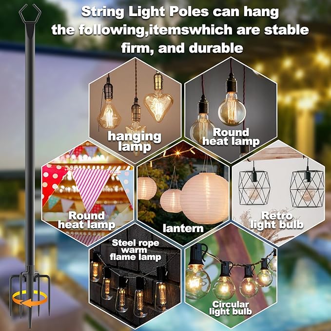6 Pack 10 ft Heavy Duty Metal String Light Poles Adjustable Outdoor Lighting Stand for Patio,Backyard,Garden,Party & Wedding Rustproof & Sturdy with Hooks