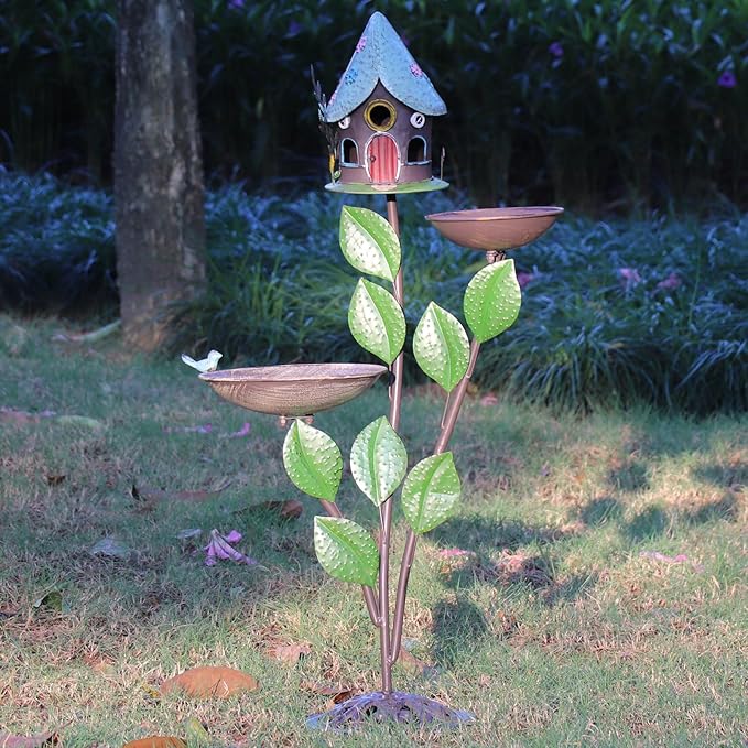 38" H Cast Iron Pedestal Bird Bath, Bird Baths for Outdoors with Metal Bird House Bird Feeder 3-in-1, Garden Yard Lawn Decor