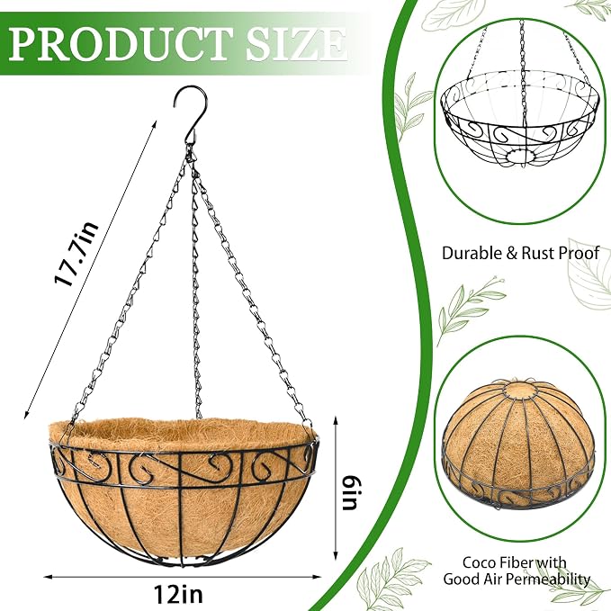 Hanging Planters for Outdoor Plants 4 Pack 12 inch Metal Hanging Flower Basket with Coco Coir Liner Wire Plant Holder Watering Flower Baskets Pot Hanger Garden Decoration for Indoor Outdoor(HBL)