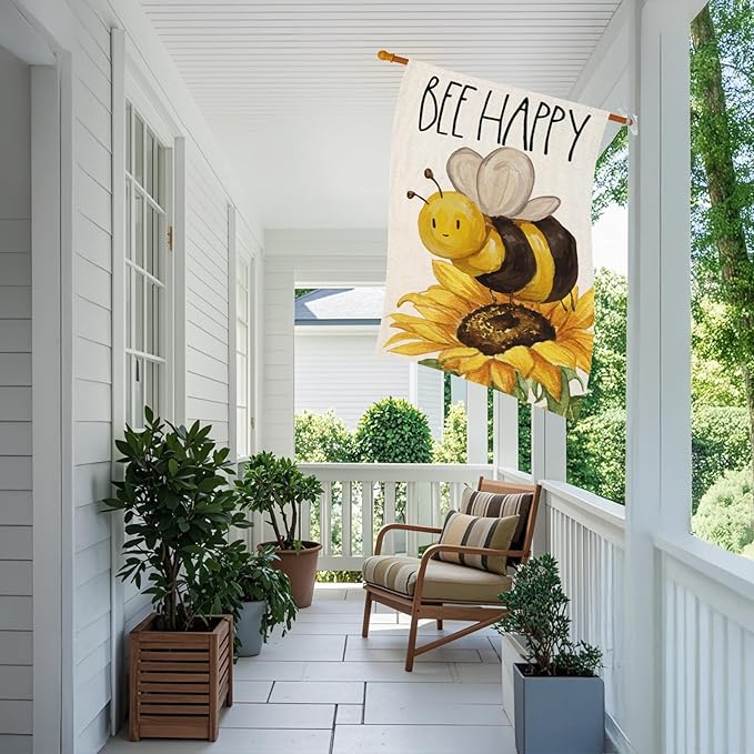 BEE HAPPY House Flags for Outdoor Decoration, Summer Watercolor Bee with Sunflower Large Yard Flag, Seasonal Decorative Celebration Decor for Spring Farmhouse Holiday Outside 28x40 Inch Vertical Double Sided