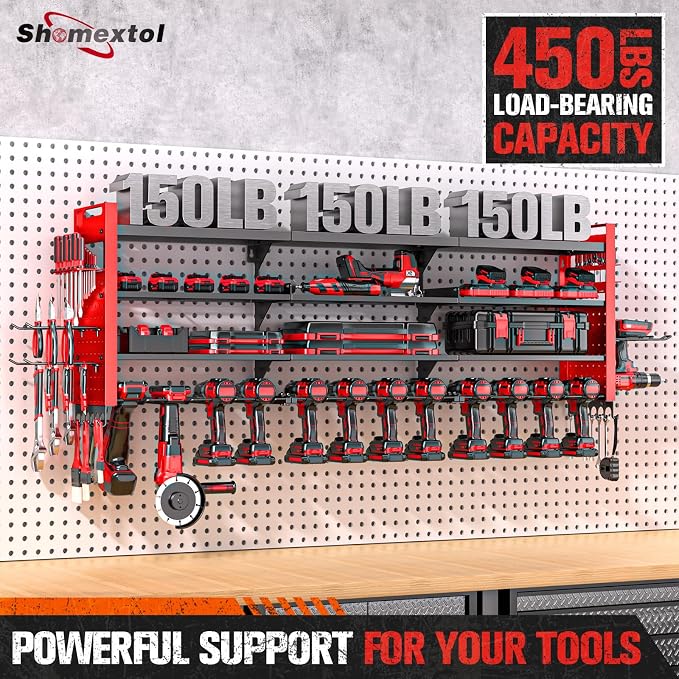 49.8" W Large Power Tool Organizer Wall Mount, Heavy Duty Tool Organizer with 14 cordless Drill Holder, 4 Layers Garage Organization and Storage Rack, Tool Rack for Garage Workshop, Red