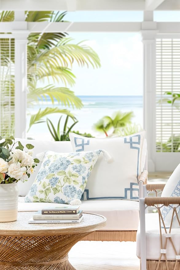Hofdeco Premium Coastal Patio Indoor Outdoor Throw Pillow Cover Only, 18"x18" Water Repellent for Backyard, Couch, Baby Blue Green Print Sketch Hydrangea Flower