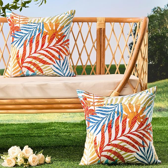 Allorry Outdoor Pillow Covers 20x20 Set of 2 Hawaii Tropics Palm Leaves Blue Red Floral Pattern Decoration Pillow Covers for Spring Summer Outdoor Waterproof Garden Patio Sofa Bed Decor JB010-A20