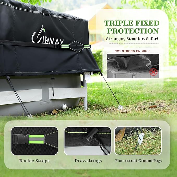 UIRWAY 10 Ft Round Pool Cover with Reflective Strips, Swimming Pool Cover for Above Ground Pools, Solar Cover Including Rope Tie and Luminous Ground Nails, PU Tarp Snug Fit for UV Protected