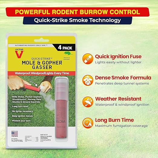 Victor Quick-Strike Mole & Gopher Gassers – 24Total Gassers, Self-Igniting Burrow Pest Control, Waterproof & Windproof, Long-Burn Outdoor Tunnel Treatment (6)