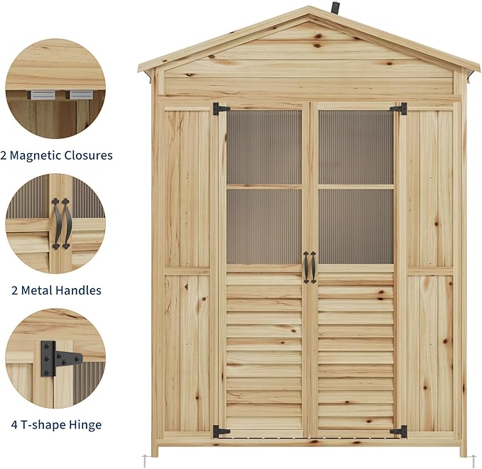 GarveeLife Patio Storage Shed Wooden, Outdoor Storage Cabinet with Weather-Resistant Roof, Garden Tools Shed with 6 Movable Shelves, Waterproof Roof, 4 Metal Stakes, 2 Anti-Falling Devices