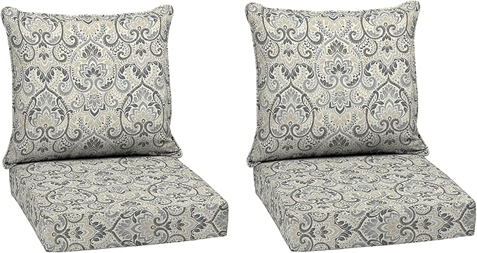 Arden Outdoor Deep Seat Cushion Set (2-Pack), 24 in x 24 in, Weather-Proof, Rain-Proof, Fade Resistant Patio Cushion for Chair, Sofa, and Couch Neutral Aurora Damask