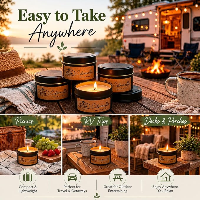 Citronella Soy Wax Candle Set, 5 Pack 3.5 oz Tins, Highly Scented Outdoor Decor for Patio, Deck, Camping & Backyard Gatherings, Hand Poured in USA