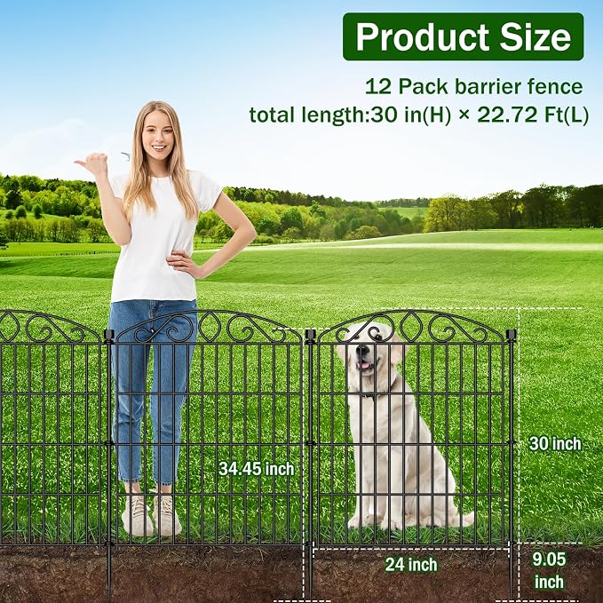 Garden Fence 12 Panel with Gate - 30in H x 22.72 ft L, No Dig Rustproof Metal Tall Animal Barrier for Dogs Rabbits, Decorative Outdoor Border for Yard, Patio, and Flower Beds
