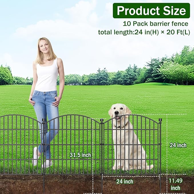 10 Panels No Dig Decorative Garden Fence with Gate - 24 in (H) x 20 ft (L) Dog Rabbits and Pets Fence Outdoor for Yard, Animal Barrier Tall Rustproof Metal Wire Fencing Border for Garden and Patio