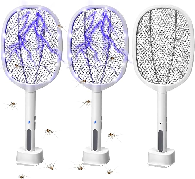 3 Packs Electric Fly Swatter Rackets, 2-in-1 Handhold Bug Zapper with 3000V High Voltage, Plug-in Mosquito Killer Insect Light Trap with 3 Layer Safety Mesh Portable for Indoor Outdoor Use